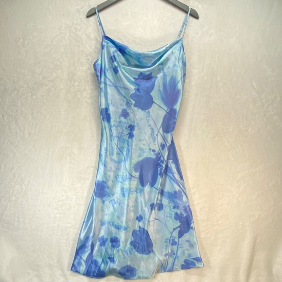 Private Luxuries Floral Slip Dress Cowl Neck Blue Midi Dress Size M Y2k 2000s‎